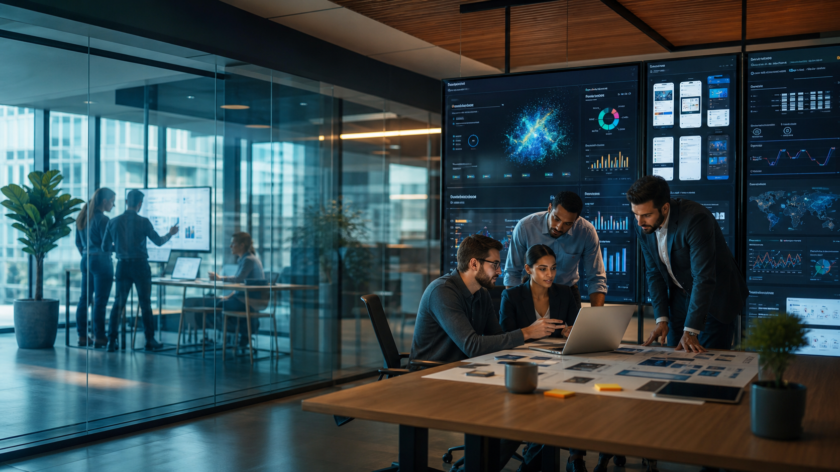 Business team discussing growth analytics and AI automation